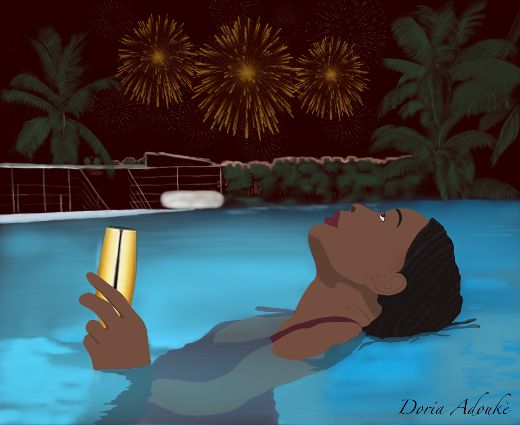 black women swimming pool illustration