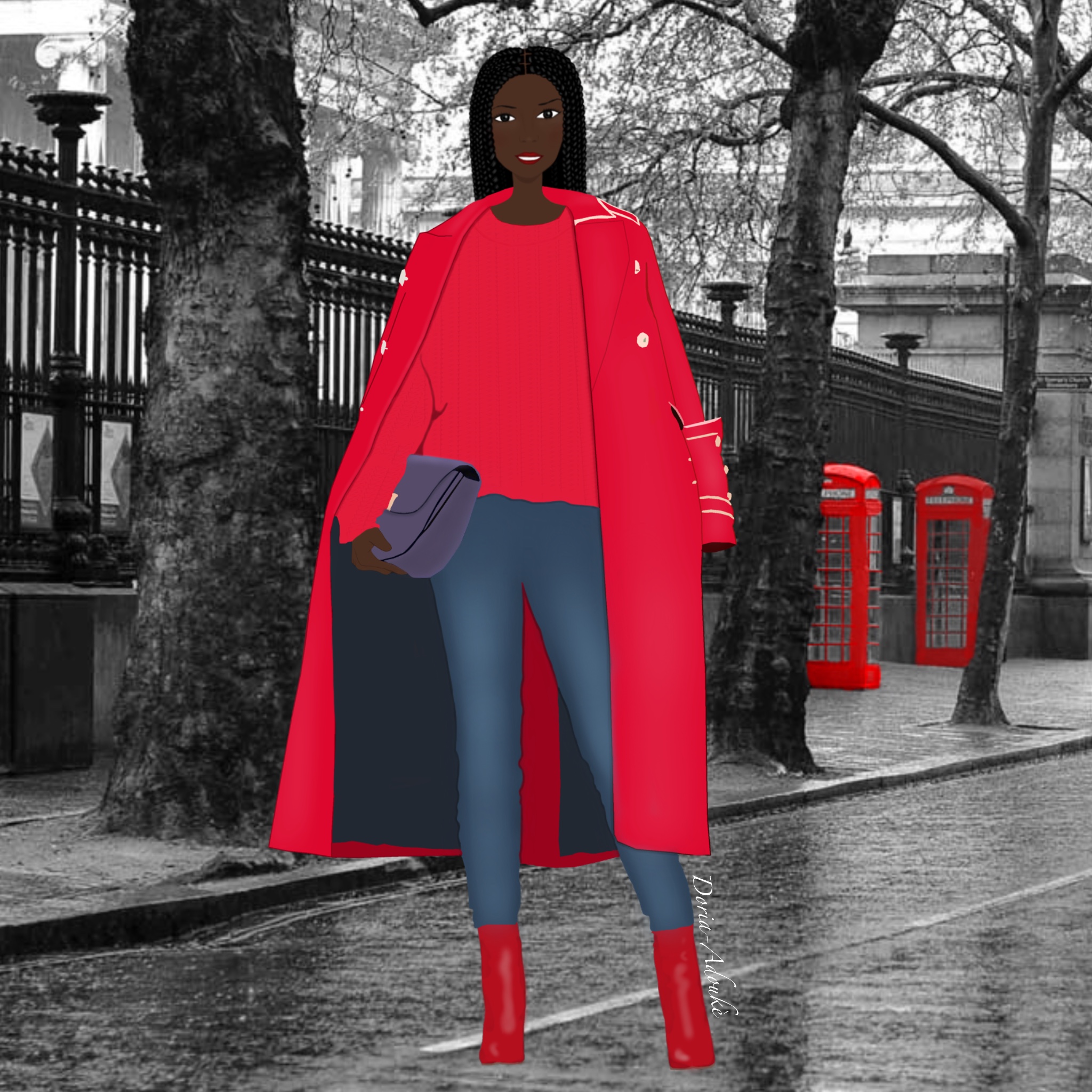 black girl in a red coat in london illustration