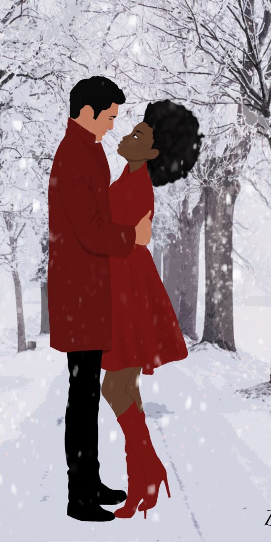 mixed couple under the snow illustration