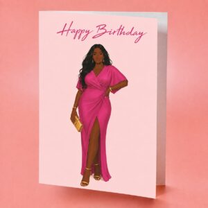 curvy black girl birthday card in a fuschia dress